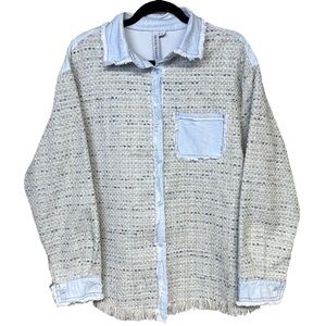 Grace + Karma Boucle Tweed and Denim Blue Shirt Jacket Oversized Boxy Western L
